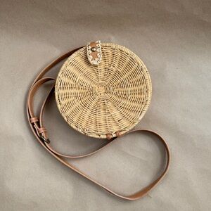 Round Small Rattan Woven Tan Crossbody Bag